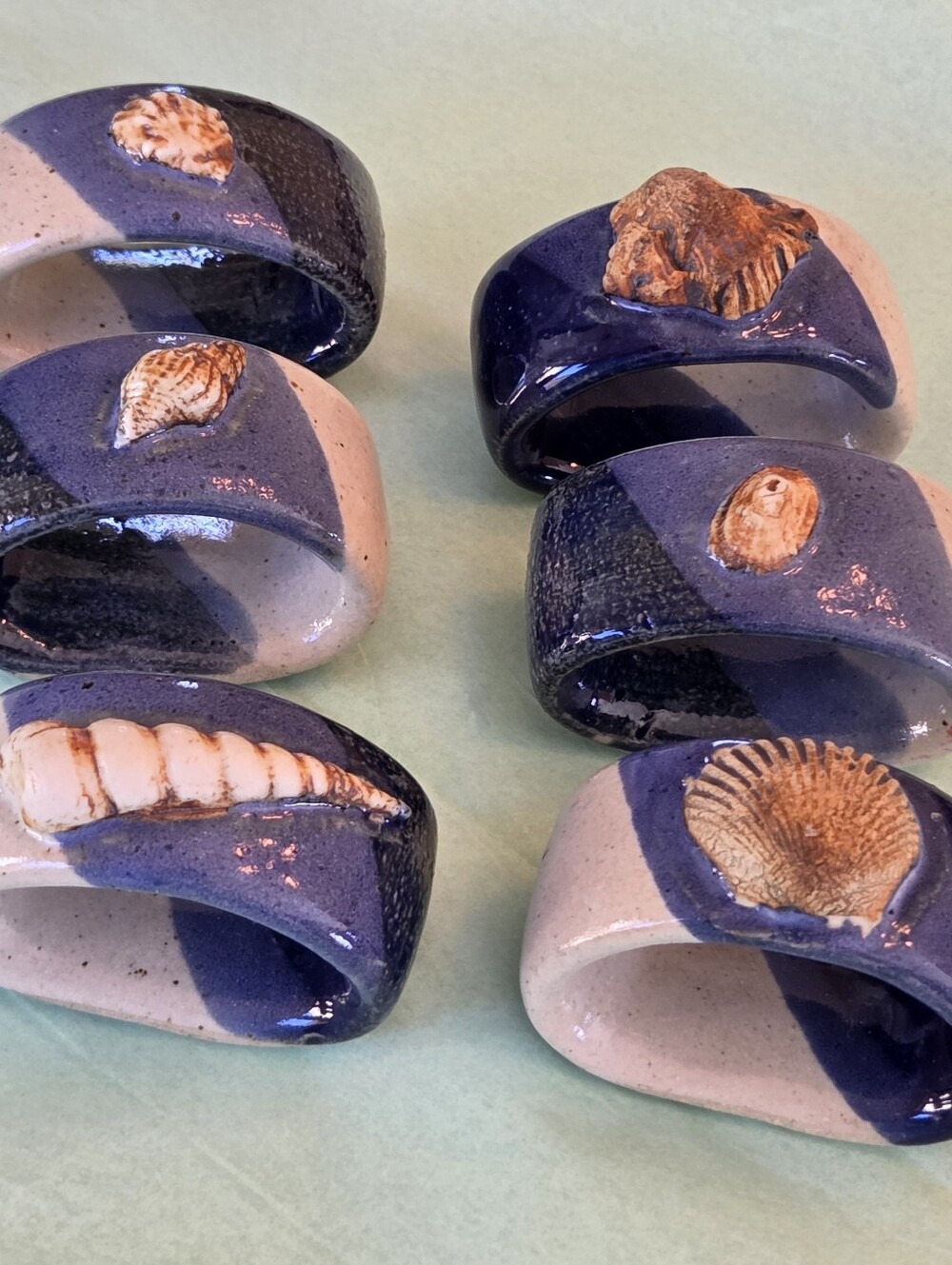 Vintage Set 6 Napkin Rings Hand Thrown Blue Earthy Stone Crow NC Pottery 1987